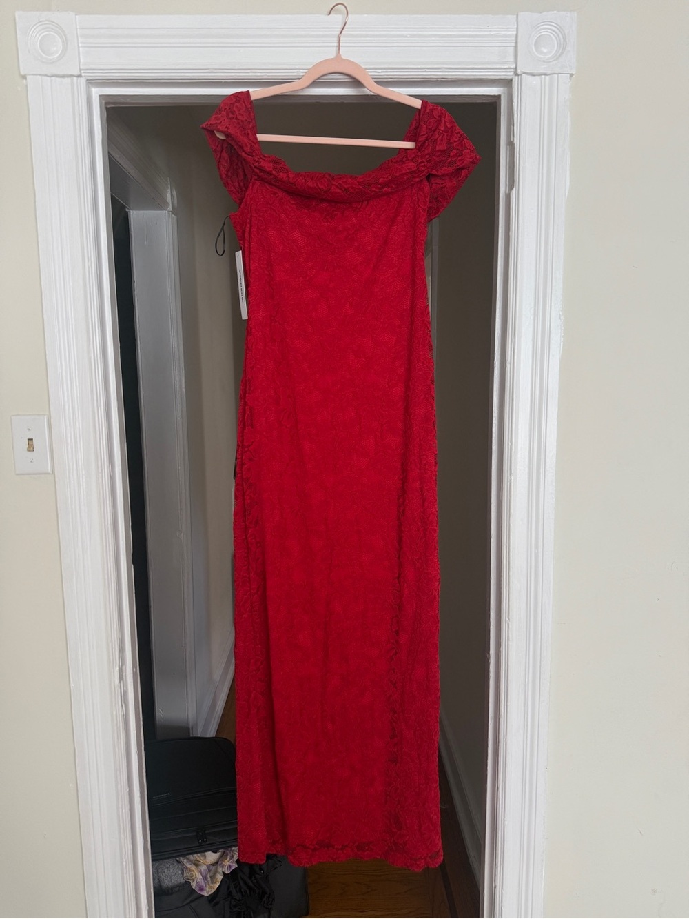 Off-Shoulder Red Lace Maxi Dress